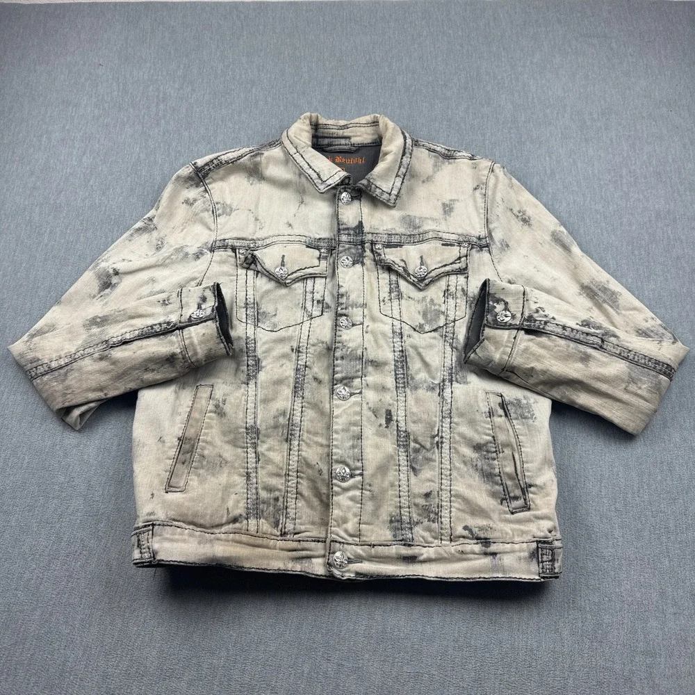 VTG‎ Rock Revival Jacket Mens XL Gray Distressed Studded Rare Custom Patch Skull